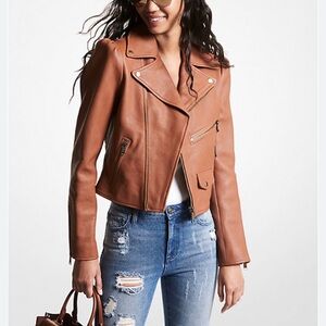 NWT - Michael Kors Pebbled Leather Puff-Sleeve Moto Jacket